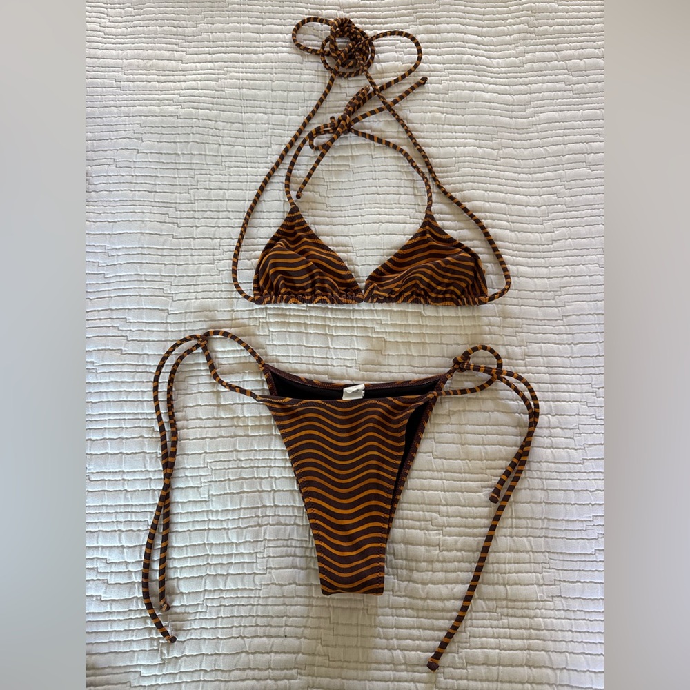 Brown Striped Bikini Set
